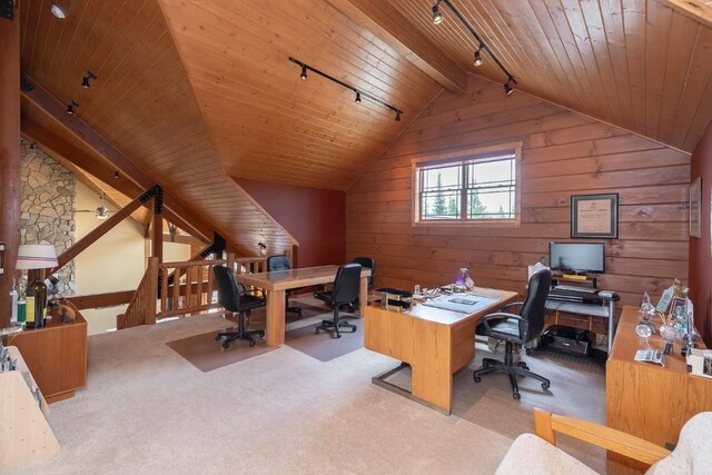 12000 Ute Pass Rd, Parshall, CO 80468 - carpeted home office with rail lighting, wood ceiling, wood walls, and lofted ceiling