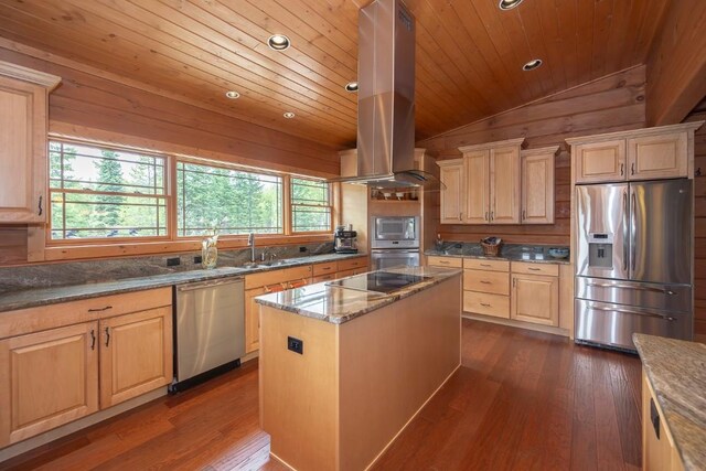 12000 Ute Pass Rd, Parshall, CO 80468 - kitchen featuring appliances with stainless steel finishes, island exhaust hood, vaulted ceiling, wooden ceiling, and a kitchen island