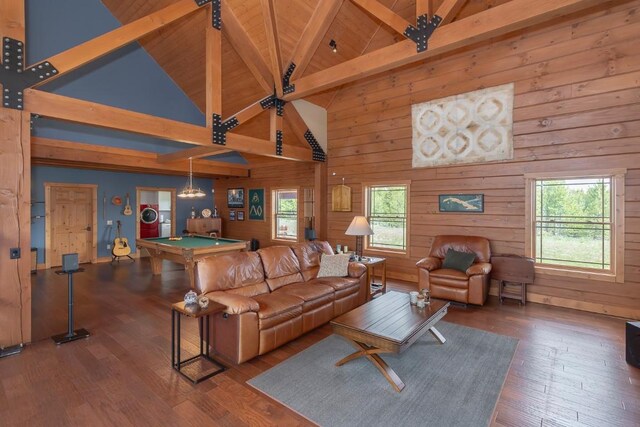 12000 Ute Pass Rd, Parshall, CO 80468 - living area featuring high vaulted ceiling, billiards table, plenty of natural light, wood-type flooring, and wood walls