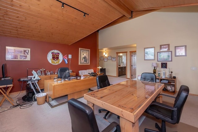 12000 Ute Pass Rd, Parshall, CO 80468 - office area featuring carpet floors, rail lighting, and wood ceiling