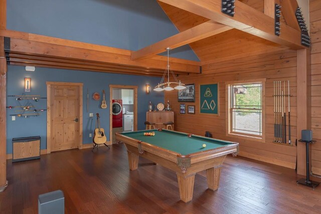 12000 Ute Pass Rd, Parshall, CO 80468 - rec room with wood finished floors, billiards, wood walls, baseboards, and washer / dryer