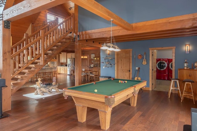 12000 Ute Pass Rd, Parshall, CO 80468 - recreation room featuring independent washer and dryer, billiards, a towering ceiling, wood finished floors, and baseboards