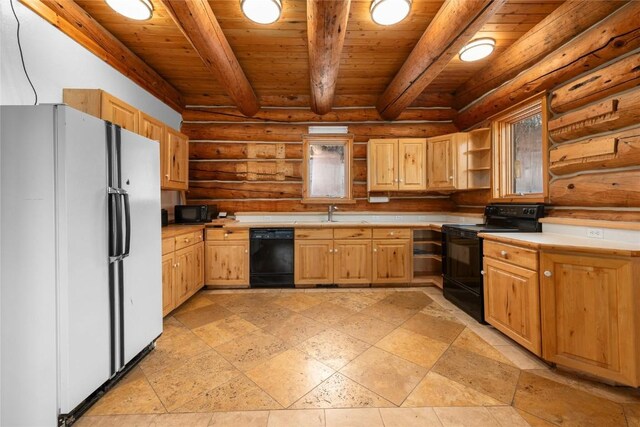 57785 Saturn Ct, Clark, CO 80428 - kitchen featuring open shelves, rustic walls, wooden ceiling, and black appliances