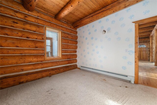 57785 Saturn Ct, Clark, CO 80428 - empty room with a baseboard radiator, wallpapered walls, a wood ceiling with exposed beams, rustic walls, and carpet floors