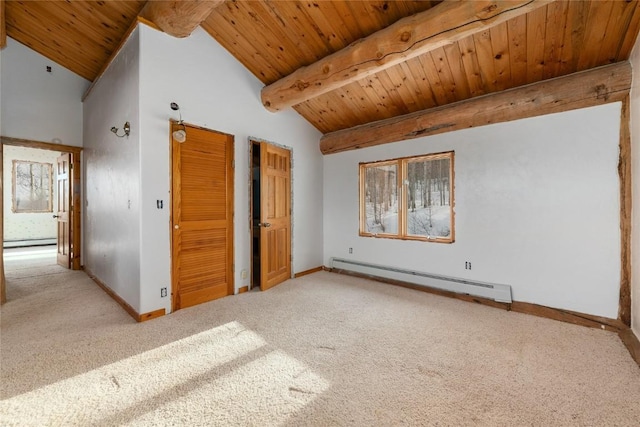 57785 Saturn Ct, Clark, CO 80428 - unfurnished bedroom featuring baseboard heating, wooden ceiling, carpet flooring, and lofted ceiling with beams