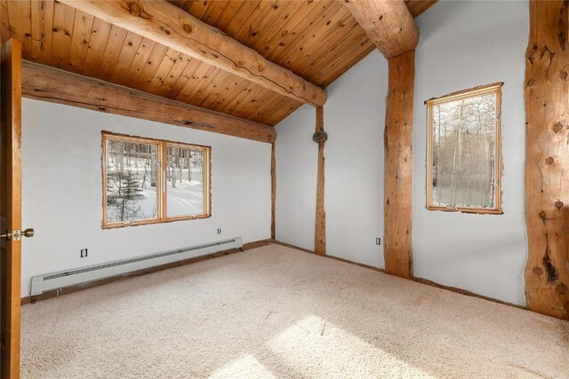 57785 Saturn Ct, Clark, CO 80428 - unfurnished bedroom featuring a baseboard heating unit, carpet, and wood ceiling