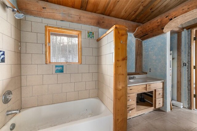 57785 Saturn Ct, Clark, CO 80428 - full bath with tile patterned flooring, wood ceiling, and tub / shower combination