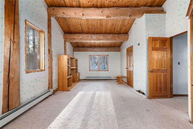 57785 Saturn Ct, Clark, CO 80428 - unfurnished living room with wallpapered walls, a baseboard radiator, a wood ceiling with exposed beams, a baseboard heating unit, and carpet floors