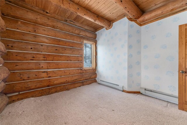 57785 Saturn Ct, Clark, CO 80428 - empty room with a baseboard radiator, wallpapered walls, a wooden ceiling with exposed beams, light colored carpet, and rustic walls