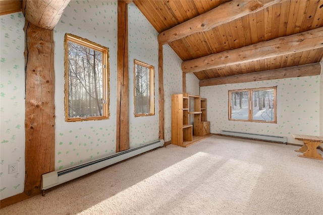 57785 Saturn Ct, Clark, CO 80428 - unfurnished living room with wallpapered walls, a baseboard heating unit, a baseboard radiator, carpet flooring, and wood ceiling