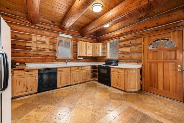 57785 Saturn Ct, Clark, CO 80428 - kitchen with open shelves, wood ceiling, beamed ceiling, and black appliances