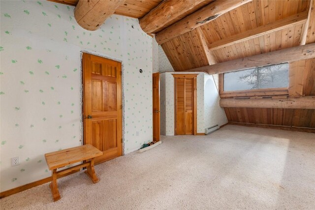 57785 Saturn Ct, Clark, CO 80428 - bonus room with a baseboard radiator, wallpapered walls, lofted ceiling with beams, light carpet, and wooden ceiling