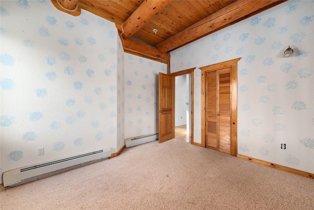57785 Saturn Ct, Clark, CO 80428 - empty room featuring a baseboard radiator, wallpapered walls, wooden ceiling, and light colored carpet