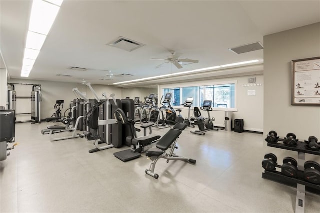 workout area featuring a ceiling fan and visible vents