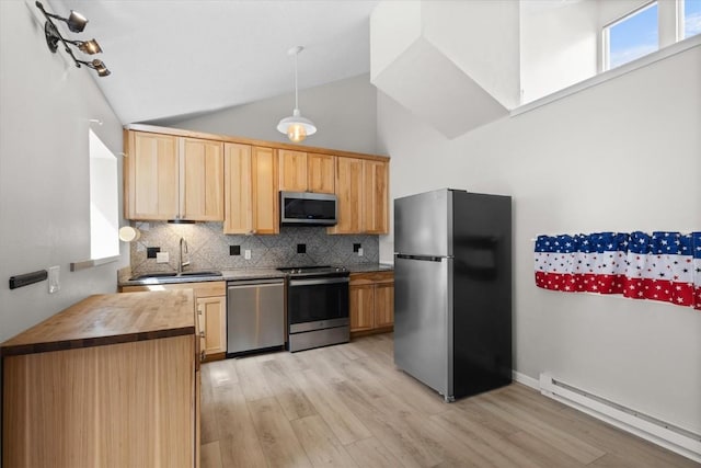 30311 County Road 16 Unit 105, Oak Creek, CO 80467 - kitchen featuring light brown cabinetry, appliances with stainless steel finishes, a sink, a baseboard heating unit, and butcher block counters