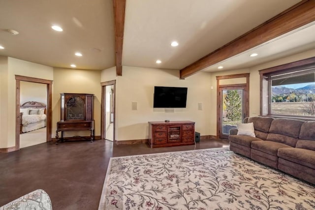 1138 Longview Cir, Steamboat Springs, CO 80487 - living room with recessed lighting, beam ceiling, concrete flooring, and baseboards