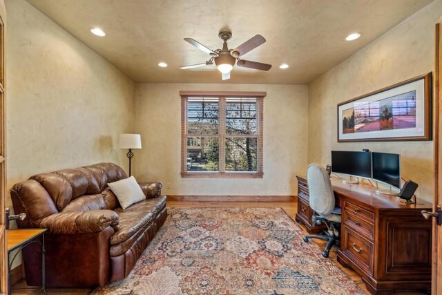 1138 Longview Cir, Steamboat Springs, CO 80487 - office area with ceiling fan, recessed lighting, wood finished floors, and baseboards