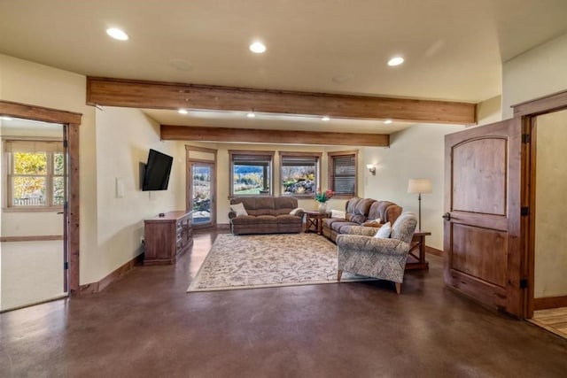 1138 Longview Cir, Steamboat Springs, CO 80487 - living room with recessed lighting, baseboards, concrete flooring, and beam ceiling