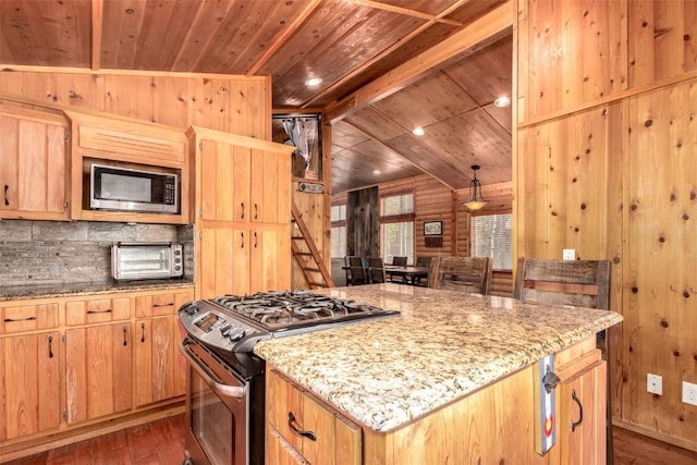 kitchen featuring stainless steel appliances, wood ceiling, dark wood-style floors, decorative backsplash, and light stone counters