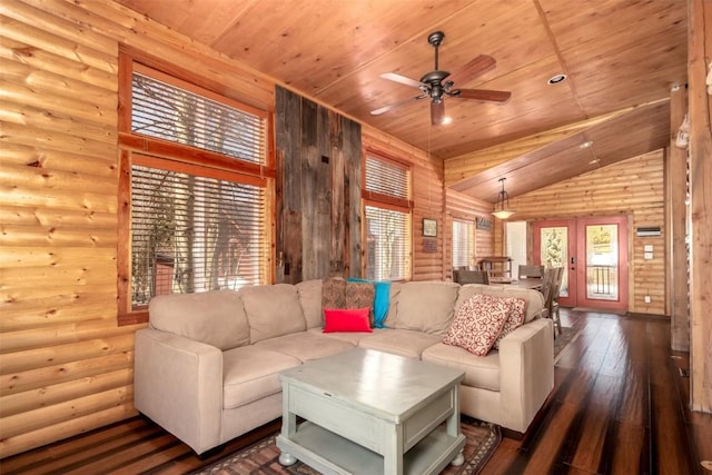 living room featuring wood ceiling, wood-type flooring, ceiling fan, log walls, and lofted ceiling