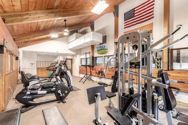 workout area with wooden ceiling and carpet flooring