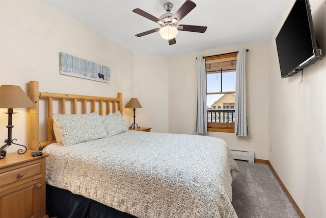 bedroom featuring baseboard heating, baseboards, a ceiling fan, and carpet flooring