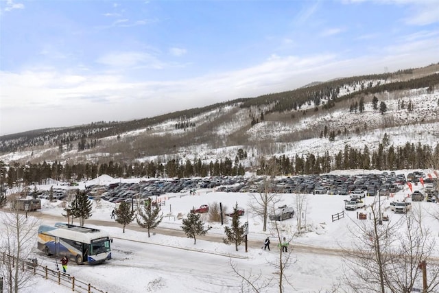 snowy aerial view featuring a mountain view