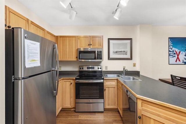 kitchen with wood finished floors, appliances with stainless steel finishes, light brown cabinetry, and a sink