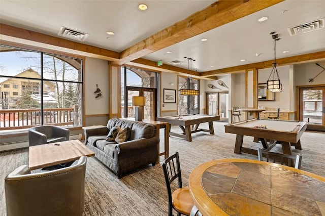 recreation room with recessed lighting, visible vents, light colored carpet, and billiards