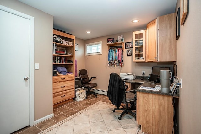 420 County Road 64, Craig, CO 81625 - office area with built in desk, light tile patterned flooring, recessed lighting, a baseboard radiator, and baseboards