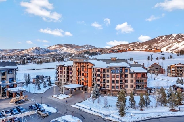 snowy aerial view featuring a mountain view