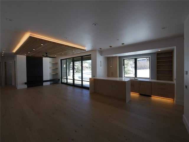 kitchen with built in shelves, ceiling fan, a healthy amount of sunlight, and wood-type flooring