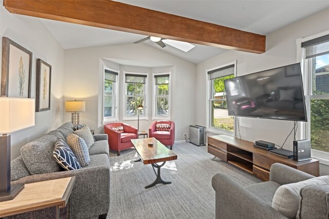 211 S High St, Breckenridge, CO 80424 - carpeted living room featuring vaulted ceiling with skylight, baseboards, and ceiling fan