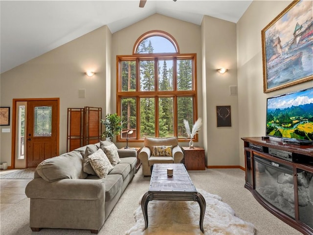 50 Sunset Dr, Breckenridge, CO 80424 - living area featuring high vaulted ceiling, ceiling fan, and carpet