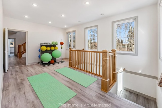 workout area featuring light hardwood / wood-style floors