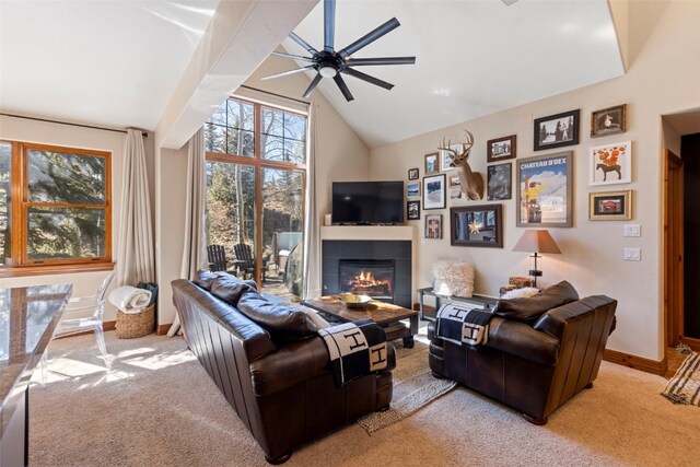 73 Chestnut Ln Unit 73, Breckenridge, CO 80424 - living room featuring ceiling fan, light carpet, lofted ceiling, and a tile fireplace