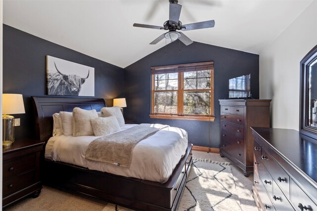 73 Chestnut Ln Unit 73, Breckenridge, CO 80424 - bedroom with lofted ceiling, light carpet, a ceiling fan, and baseboards