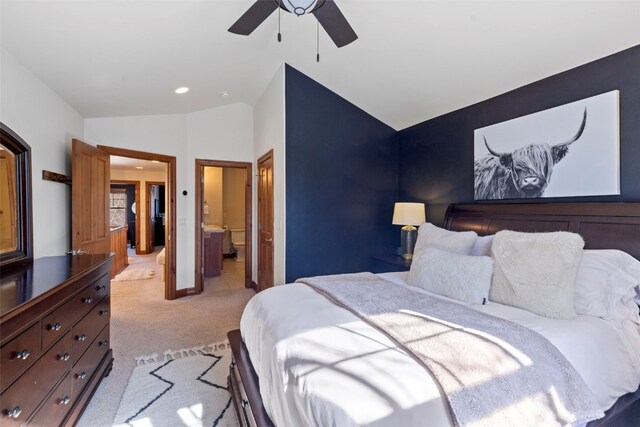 73 Chestnut Ln Unit 73, Breckenridge, CO 80424 - bedroom featuring vaulted ceiling, a ceiling fan, light colored carpet, ensuite bath, and recessed lighting