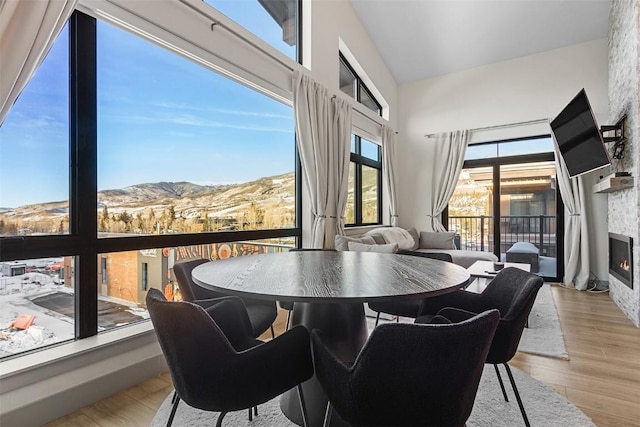 dining space featuring a high ceiling, a glass covered fireplace, wood finished floors, and a mountain view