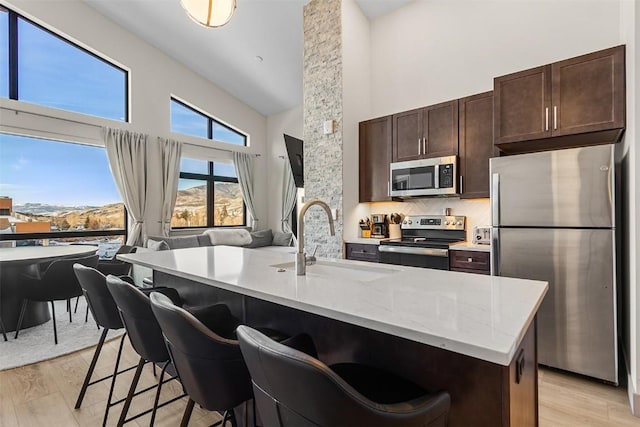kitchen featuring high vaulted ceiling, a sink, open floor plan, dark brown cabinetry, and stainless steel appliances
