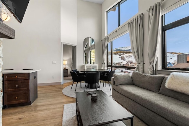 living room featuring light wood finished floors, baseboards, a high ceiling, and a mountain view