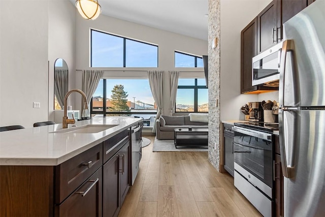 kitchen with light wood finished floors, stainless steel appliances, a sink, dark brown cabinets, and light countertops