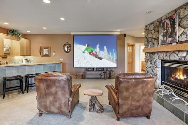 348 Jade Rd, Silverthorne, CO 80498 - home theater room with carpet flooring, a fireplace, and recessed lighting