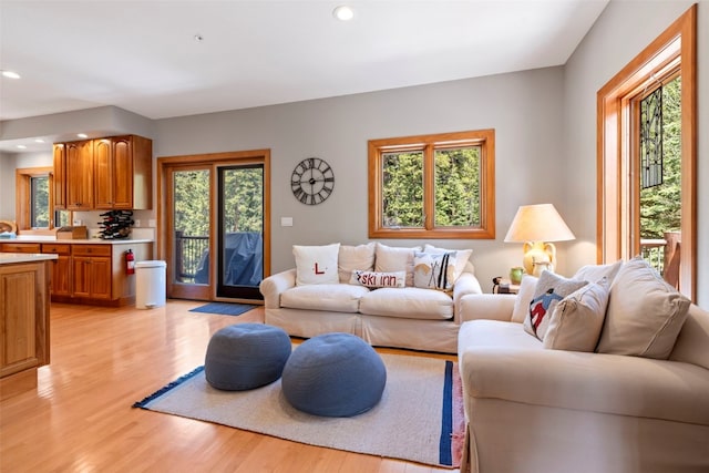 living area with light wood-style flooring and recessed lighting