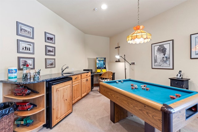 rec room with light colored carpet and indoor wet bar