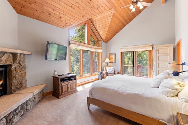 bedroom with baseboards, wood ceiling, carpet flooring, high vaulted ceiling, and access to outside