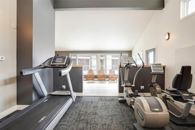 1920 Ski Time Square Dr Unit 402, Steamboat Springs, CO 80487 - exercise area featuring baseboards, high vaulted ceiling, and dark carpet