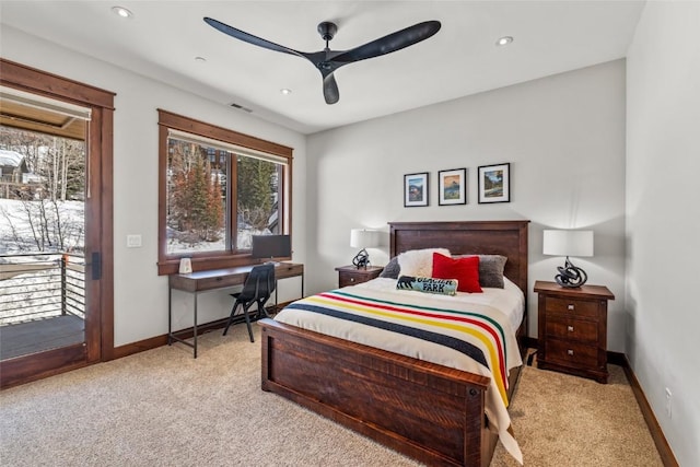 bedroom with baseboards, a ceiling fan, access to exterior, carpet floors, and recessed lighting