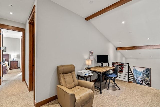 home office featuring vaulted ceiling with beams, recessed lighting, baseboards, and light colored carpet