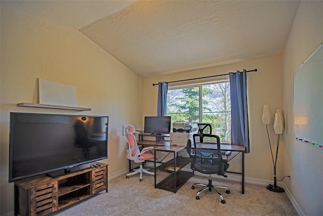 856 Kingdom Dr Unit 856, Breckenridge, CO 80424 - carpeted home office with a textured ceiling, lofted ceiling, and baseboards